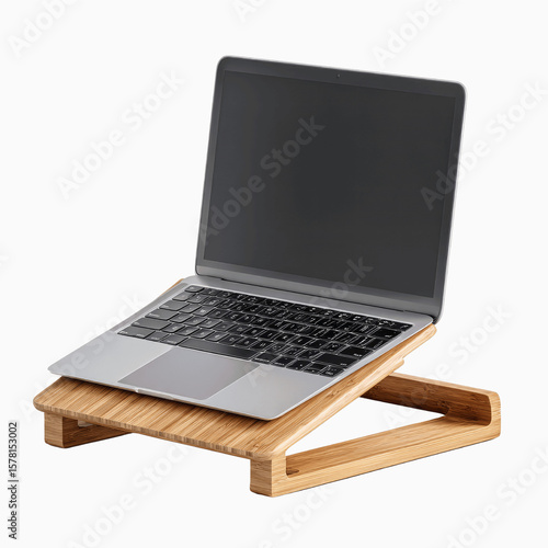 Laptop on Wooden Stand, Ergonomic Workspace Setup