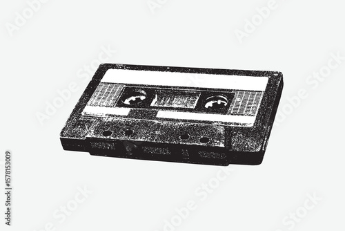 Vintage transparent music cassette tape. Grunge punk dotted sticker for collage. Trendy halftone stipple element with photocopy effect 