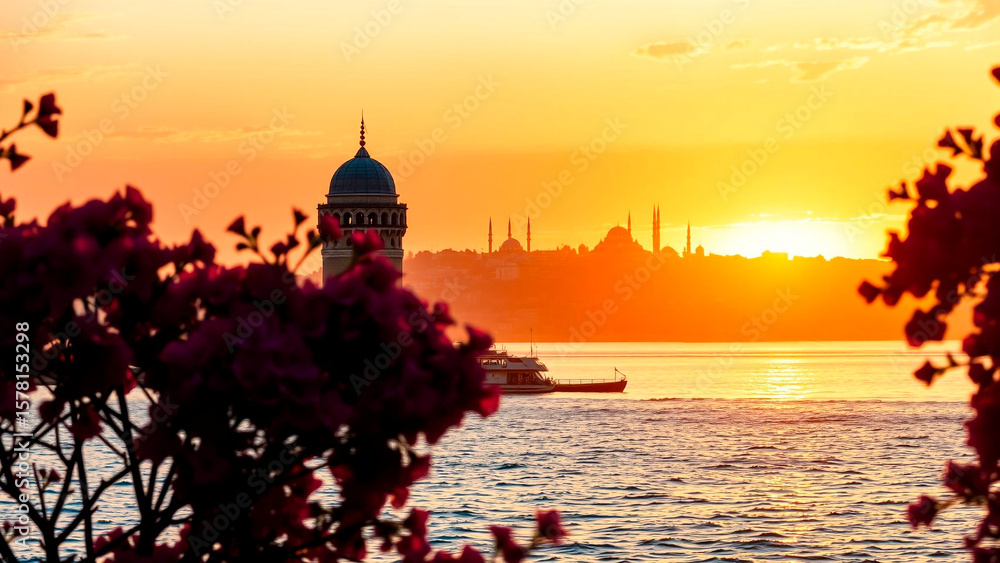 Fototapeta premium Galata tower and istanbul cityscape at sunset framed by flowers with a boat on the water during golden hour