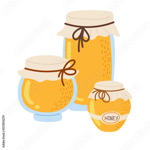 Honey jars in various sizes displayed against a white background in a simple design