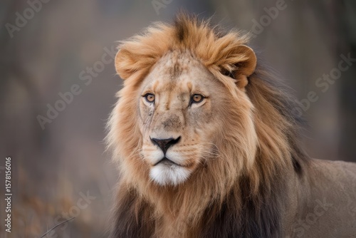 Magnificent lion portrait  golden mane and intense gaze  safari wilderness