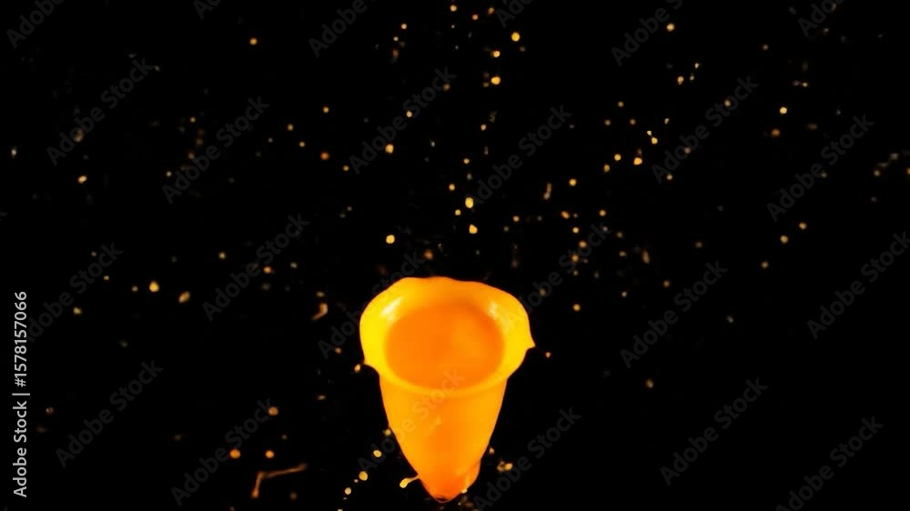 Orange liquid splash against black, droplets suspended in air Orange liquid splash against black, droplets suspended in air