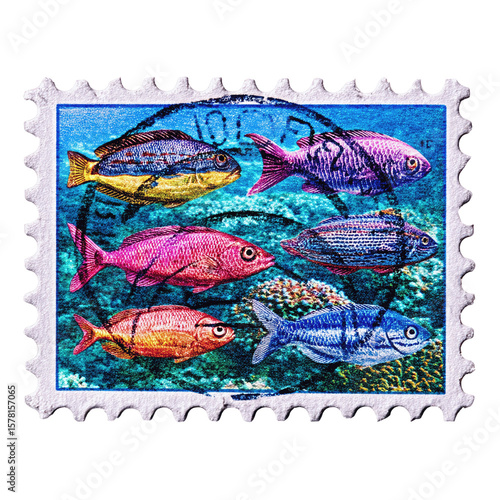 Colorful Tropical Fish on Postage Stamp