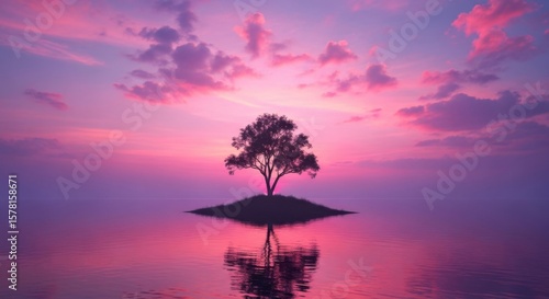 Serene Island Tree Reflecting in a Vivid Sunset Sky