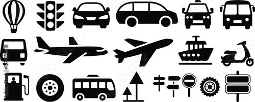 Transportation vector icons set, traffic signs and vehicles, travel and transport symbols collection vector illustration.