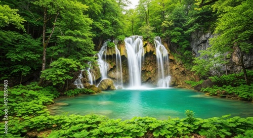 Majestic waterfall cascading into a crystal clear turquoise pool surrounded by lush green forest