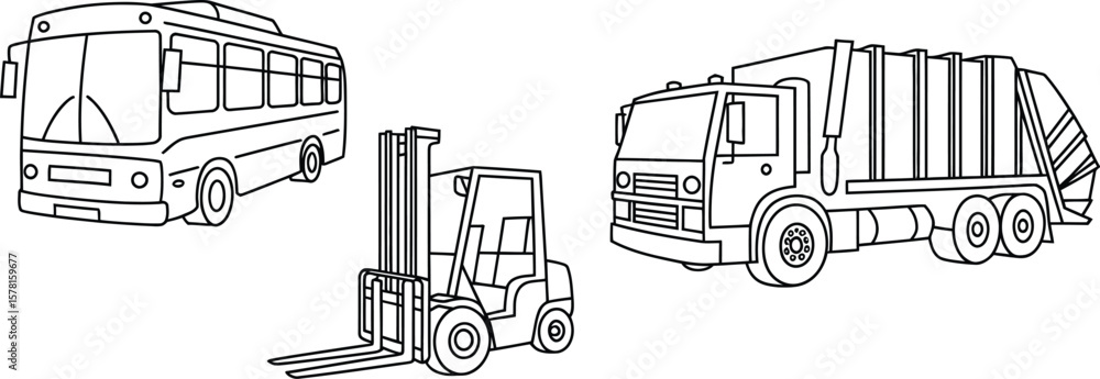 Obraz premium Vehicles coloring page bus forklift garbage truck outline drawing transportation vector illustration art .