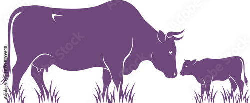 Illustration of a purple cow and calf standing in grass on a white background