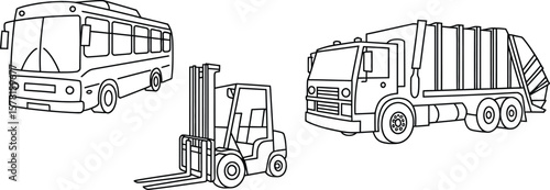Vehicles coloring page bus forklift garbage truck outline drawing transportation vector illustration art .