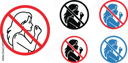Depiction of multiple signs showing a woman prohibited from picking her nose