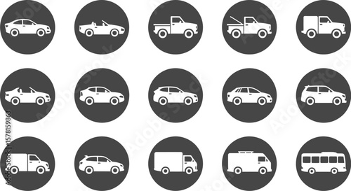Vehicle transportation types icons set car truck van bus vector design illustration graphic collection 1 vector illustration.