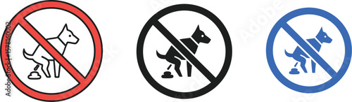 A collection of three no dog fouling signs in red black and blue on white background