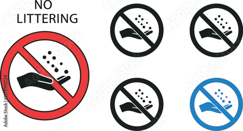A group of no littering signs with hands and falling debris on a white background