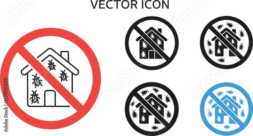 Illustration of a house with pests and a prohibition sign in different colors