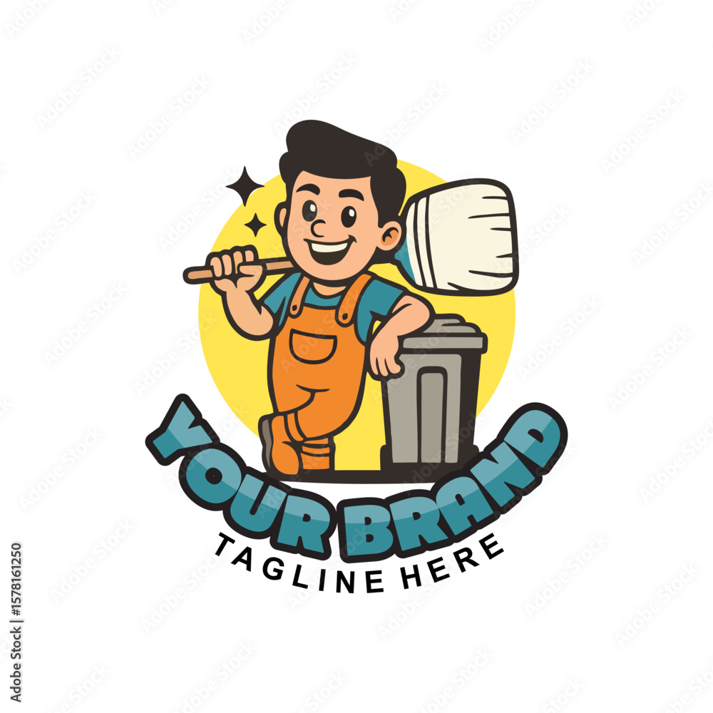 Naklejka premium Cleaning Service Mascot Logo Design - • Mascot logos Friendly cartoon cleaning service mascot logo. Perfect for your business! Includes a customizable tagline. Download now!