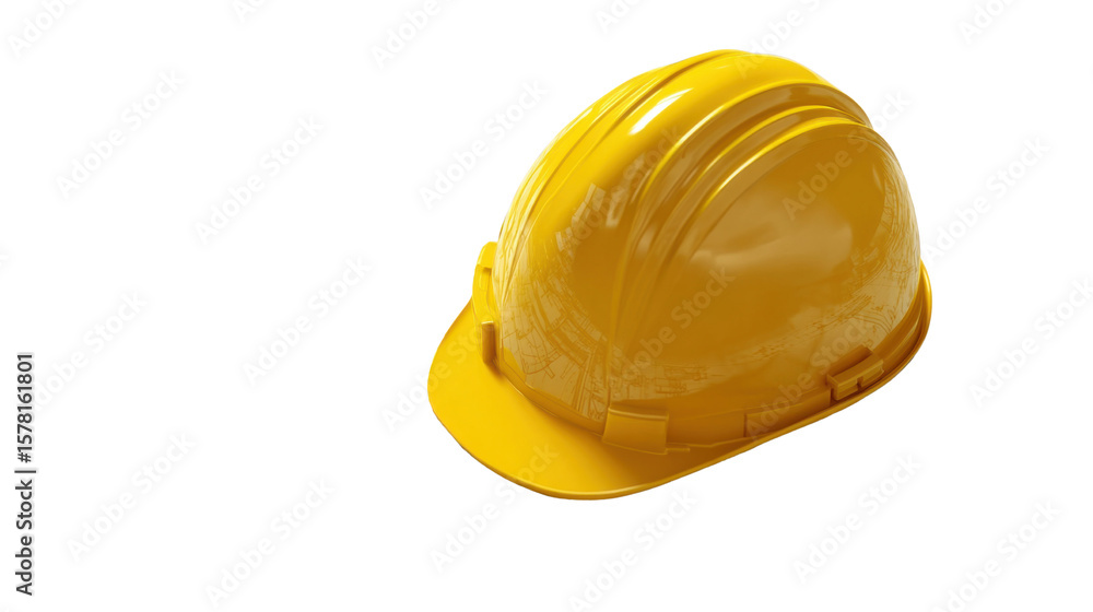 Fototapeta premium A single yellow helmet and project drawings blueprint engines on white background 
