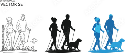 Three variations of a couple nordic walking with a dog in different color schemes