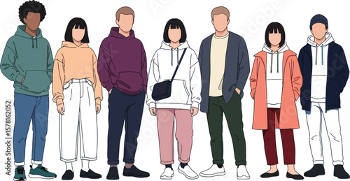 A group of diverse faceless people standing in a row wearing casual clothing