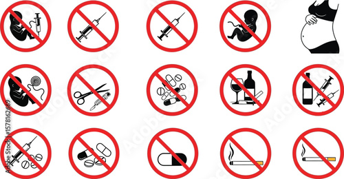 Various prohibition signs depicting dangers to pregnancy and fetal development shown