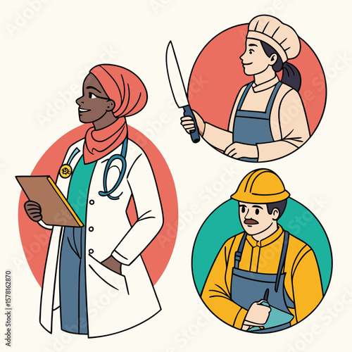 Silhouette of a diverse group of people in various professions isolated on white background