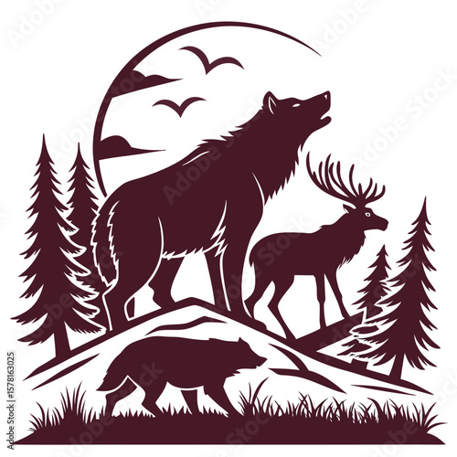 Collection of wild animal silhouettes isolated on white background