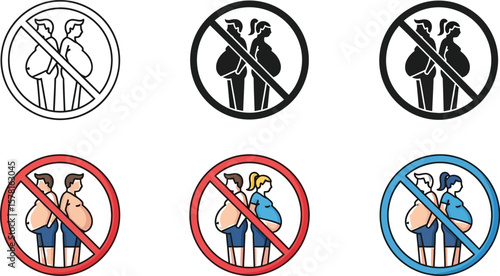 Illustration showing six signs of people with big bellies inside a prohibition sign