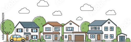 A cartoon illustration of a suburban street with houses, trees, and a yellow car