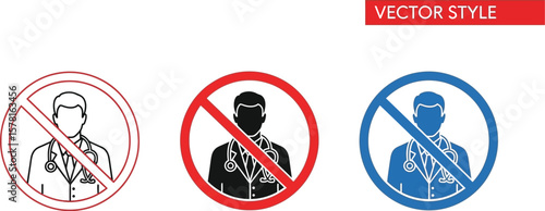 Three vector style prohibition signs depicting doctors in various color schemes