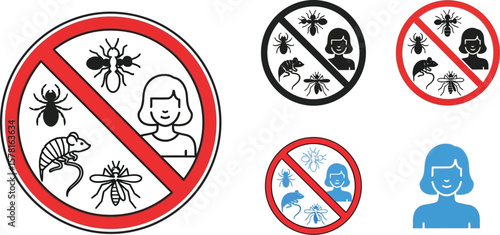 A collection of signs showing no pests and a person in various color schemes