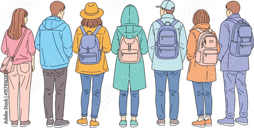 Illustration of seven people standing with their backs turned wearing backpacks