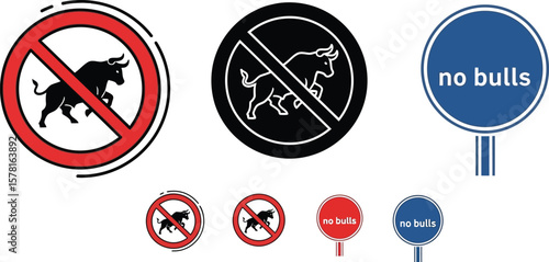 A collection of no bulls signs in different styles and colors on white background