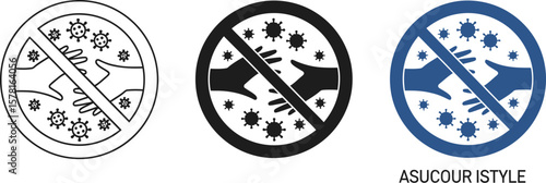 Three icons depicting no hand contact with viruses in different color styles