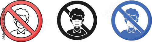 Three signs showing a person with a mask inside a prohibition circle in different colors