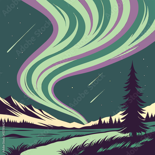 Aurora borealis over mountains and lake night sky stars