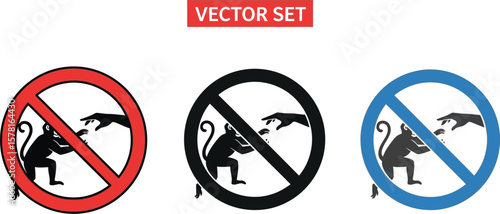 Three prohibition signs showing a monkey being fed with a hand above it vector set