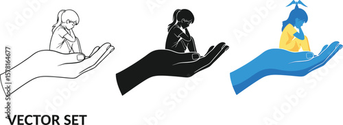 Three illustrations of a sad girl sitting in a hand in different color styles