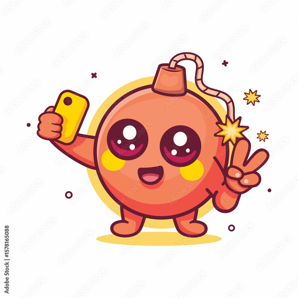 Fototapeta premium smiling round bomb character mascot taking a selfie with a smartphone isolated cartoon 