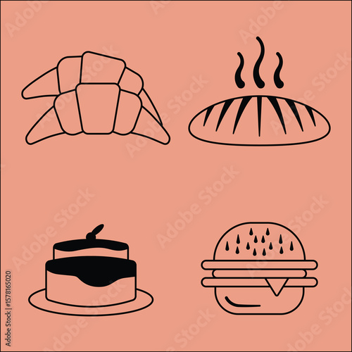 Delicious Bakery Icons Croissant, Loaf, Cake, and Burger in Simple Line Art Design