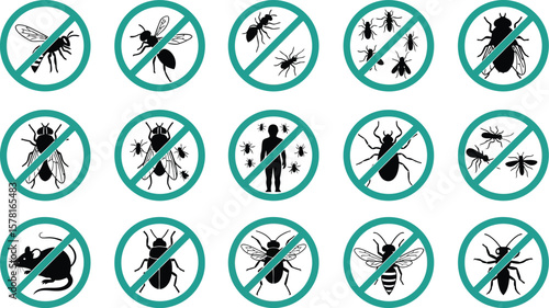 Various pests and insects with a green circle and line through them on white background