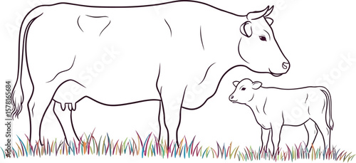 A simple line drawing of a cow and calf standing in a field of colorful grass