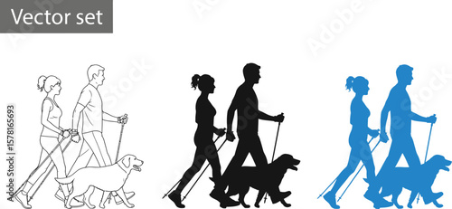 Three illustrations showing a couple nordic walking with a dog in different styles