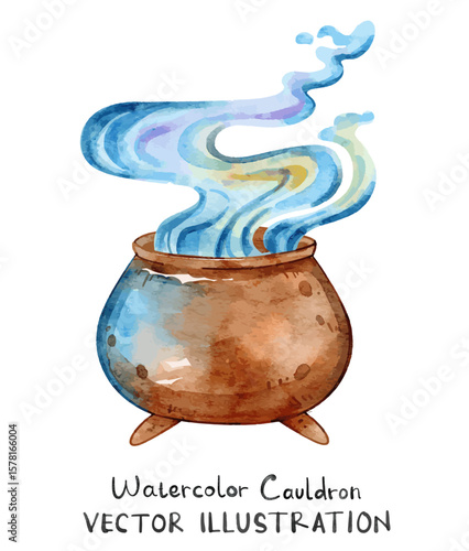 Watercolor Witch Cauldron with colorful magic potion. Magic equipment for witch, sorcerer, gypsy, fortune teller, psychic. Vector clipart for Halloween theme project, cards, and invitation. 