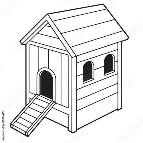 Detailed line art illustration of a chicken coop featuring a ramp and arched windows