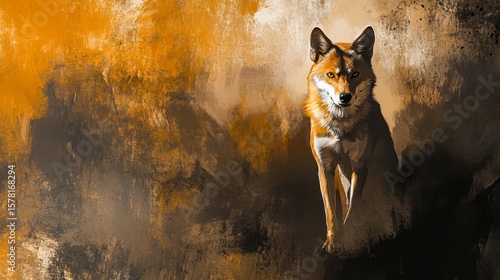 Dingo on a minimalistic background lean fur sharp eyes centered composition earthy tones strong contrast focused gaze natural light realistic and dynamic