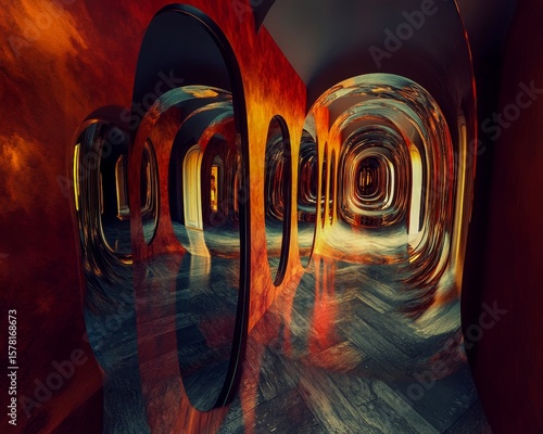 Distorted funhouse mirror texture surreal warped reflections disorienting composition