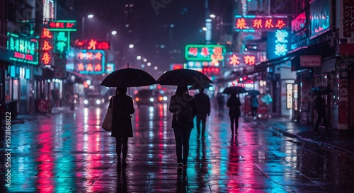Neon-Drenched Night: Silhouetted Figures Under Umbrellas in a Vibrant Asian City Street