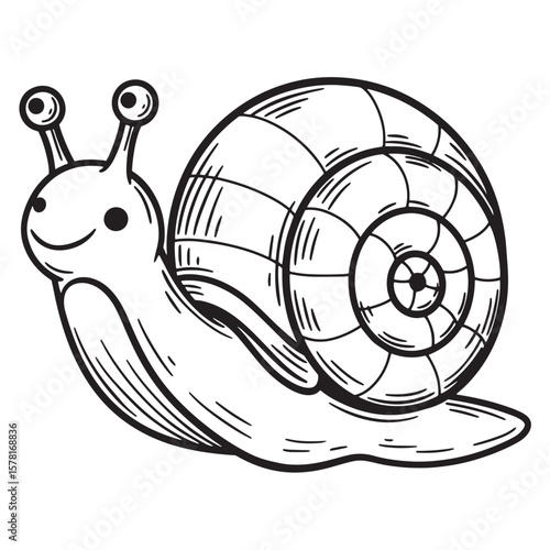 Simple black and white vector illustration of a happy snail crawling along a surface