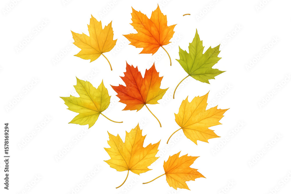 Fototapeta premium Colorful maple leaves falling gently on a transparent background, creating a vibrant autumnal scene