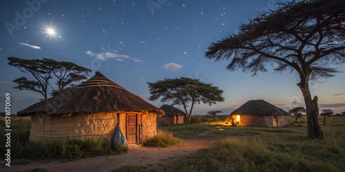 village huts under moonlight in African savannah, warm night tones, natural lighting