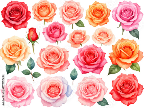 Colorful rose set for print and design use. Romantic digital roses in vibrant colors. High-res rose blossoms. Assorted roses with leaves and buds clipart. Realistic flower heads in rose collection